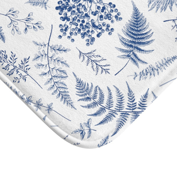 Stunning Vivid Washable Blue and White Botanics Bath Mat