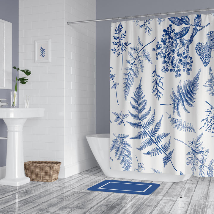 white shower curtain with  blue ferns