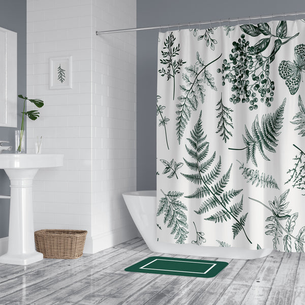 Vivid Hand-Made Artwork on Durable Washable Fabric Shower Curtain - Dark Green and White Botanics