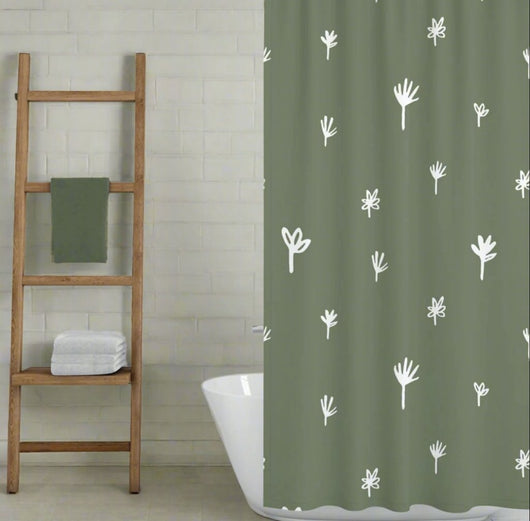 modern dark green shower curtain with white flowers