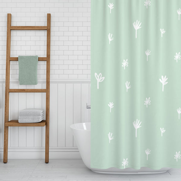 Washable Water-Resistant Fabric Shower Curtain - No Liner Needed - Sage Green & White Modern Floral