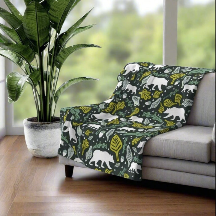 Green woodland animals fleece blanket