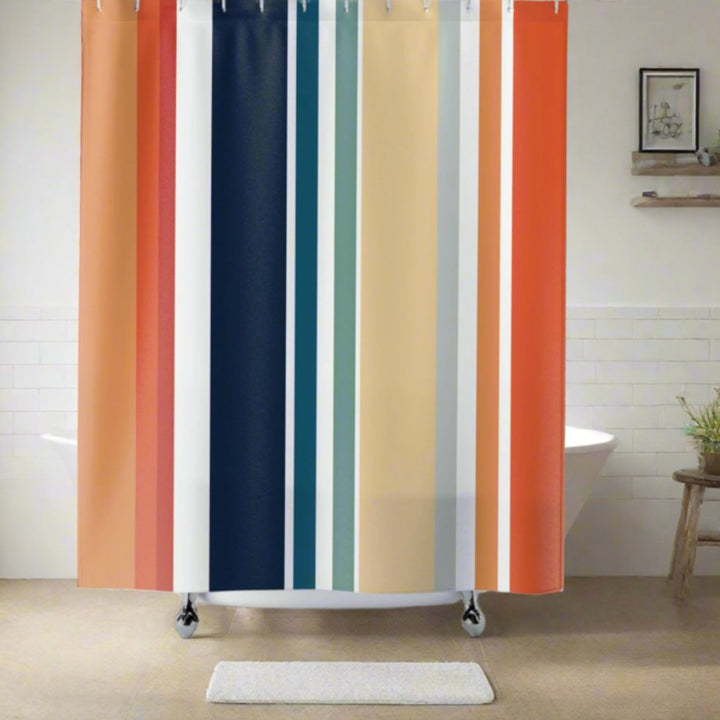 Elegant striped orange blue and white fabric shower curtain - Hermosa Beach