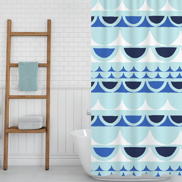 Washable Water-Resistant Fabric Shower Curtain With Unique Design - Blue Waves