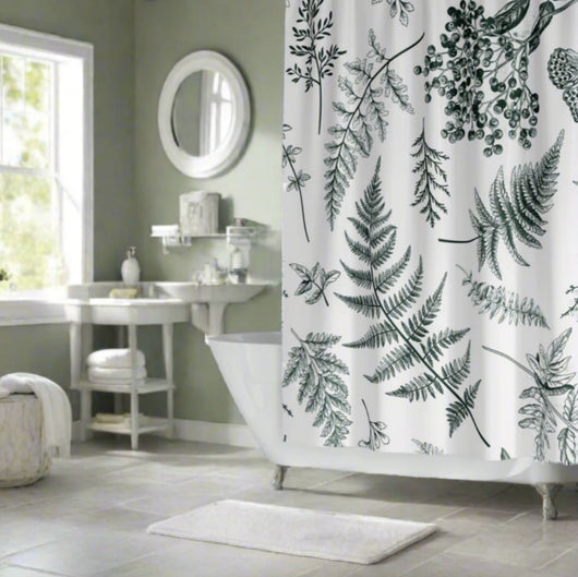 White and green shower curtain with botanics design