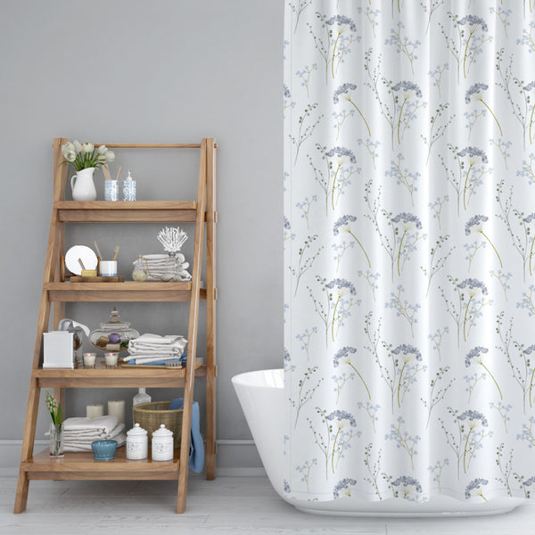 *NEW* Washable, Water & Mold-Resistant Fabric Shower Curtain - Blue Wildflowers