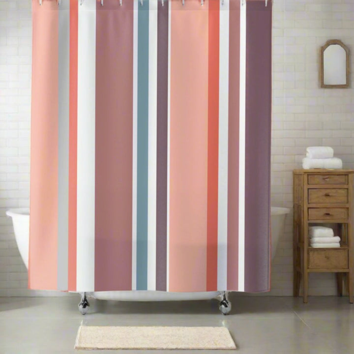 Beautiful pink and white shower curtain in elegant bathroom