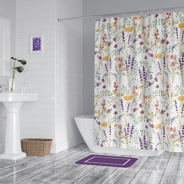 wildflower shower curtain with matching purple bath mat