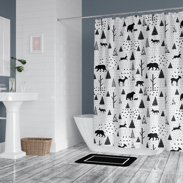 Unique Design On Durable Washable Fabric Shower Curtain - Black & White Woodland Animals