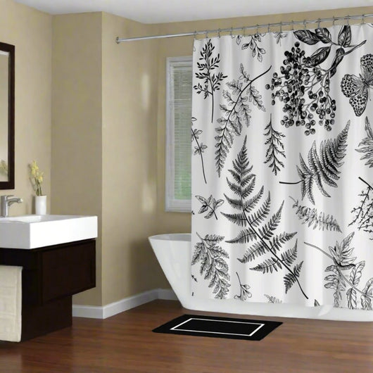 Black and white shower curtain with ferns design