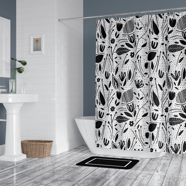 Unique Stunning Fabric Shower Curtain - Washable - Water & Mold Resistant- Modern Black & White Floral