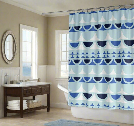 Beautiful blue and turquoise shower curtain with hand painted design  in modern bathroom