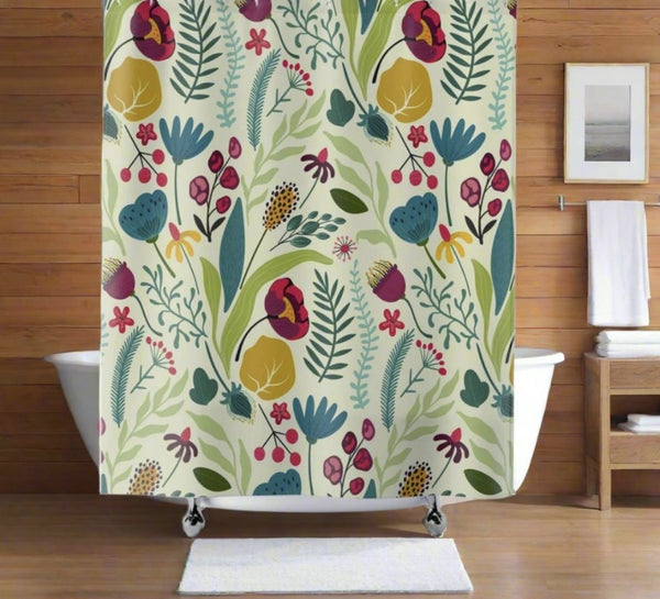 boho chic floral shower curtain in a rustic bathroom