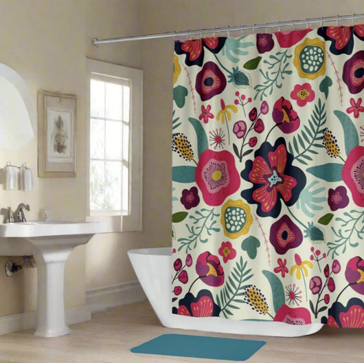 Stunning colorful floral boho shower curtain in bright bathroom