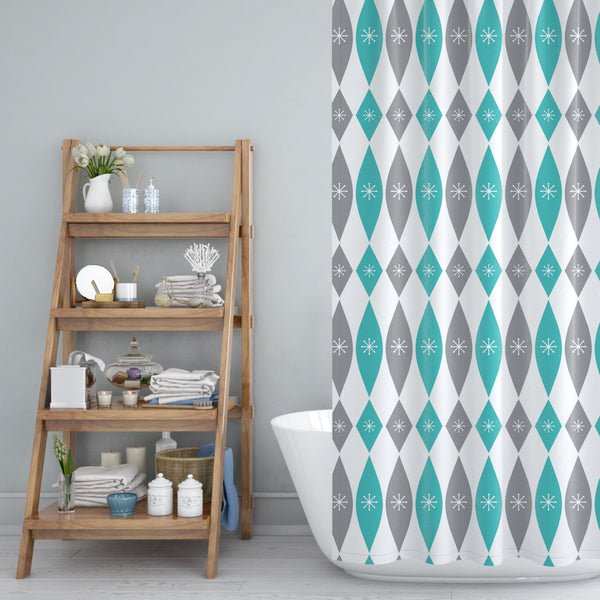 Water Resistant Washable Durable Fabric Shower Curtain - Unique Design- Turquoise & Grey Mid Century Style