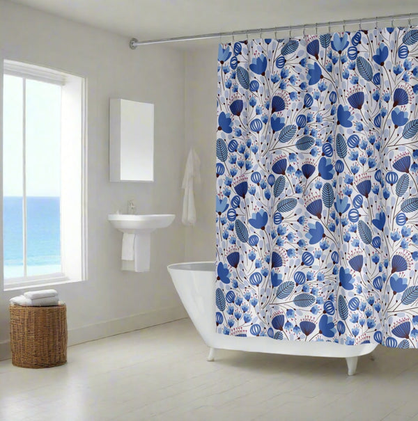 *NEW* Durable Fabric Shower Curtain  - Unique Design Only Sold Here - Blue Floral Happiness