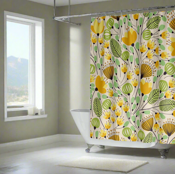 modern shower curtain with green and yellow floral design