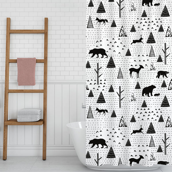 Unique Design On Durable Washable Fabric Shower Curtain - Black & White Woodland Animals