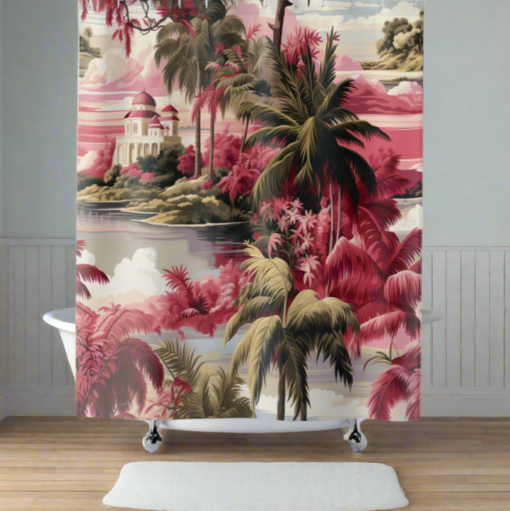 Beautiful pink and green oriental chinoiserie design on fabric shower curtain