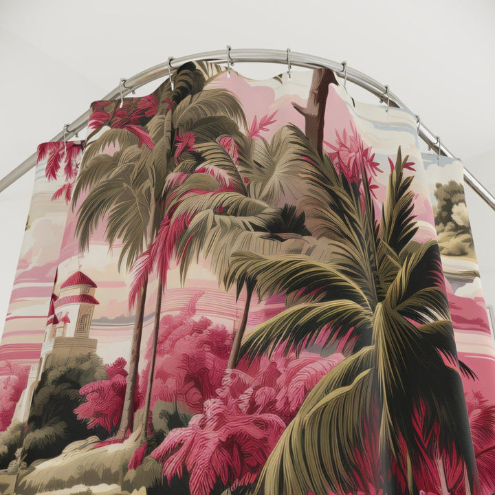 A close up of a pink and green shower curtain with chinoiserie oriental design