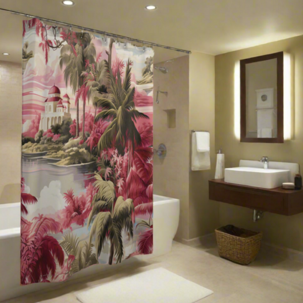 elegant pink and green chinoiserie style shower curtain in a stylish bathroom