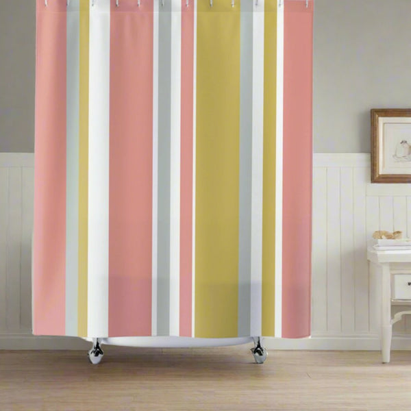 Beautiful pink grey green and white striped shower curtain in a stylish bathroom. Cape cod design from striped collection.