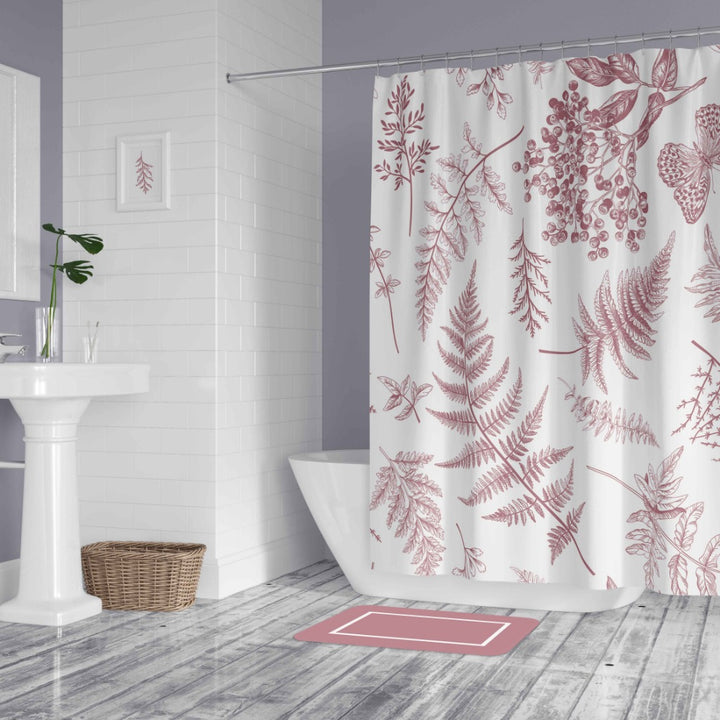 pink and white shower curtain and bath mat