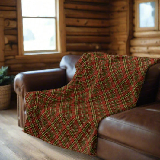 plaid throw blanket on brown leather sofa