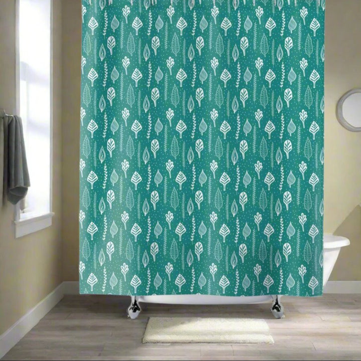 blue shower curtain with floral design