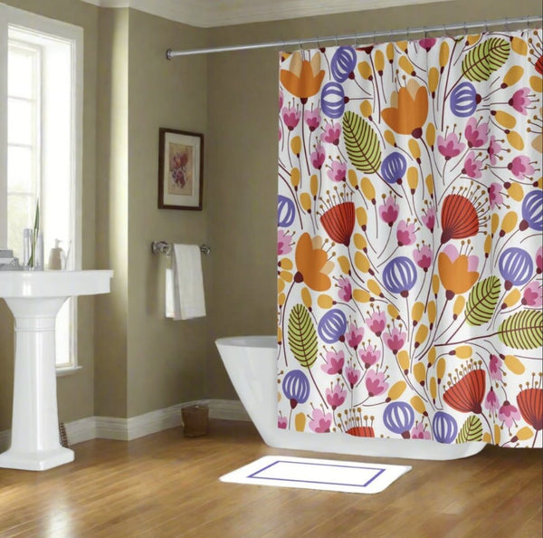 Cool shower curtain with bold floral pattern in elegant bathroom