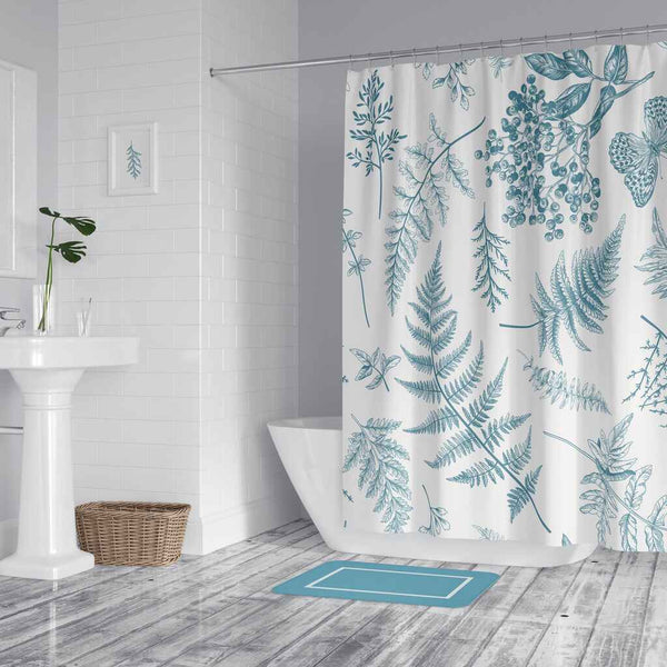 Washable Water-Resistant Fabric Shower Curtain - No liner needed - Turquoise & White Botanics