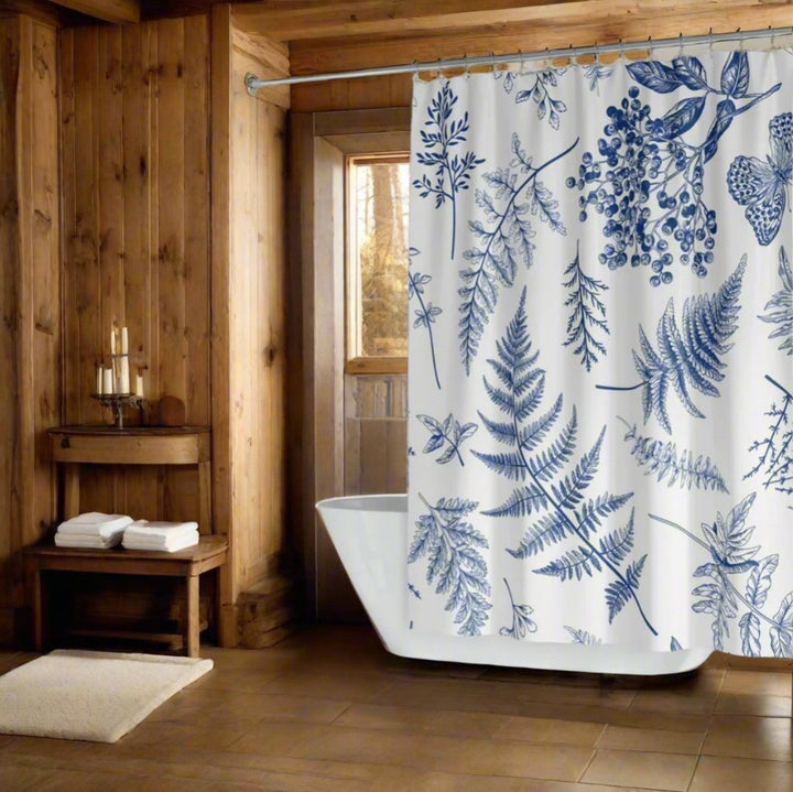 white shower curtain with cool blue ferns in country bathroom