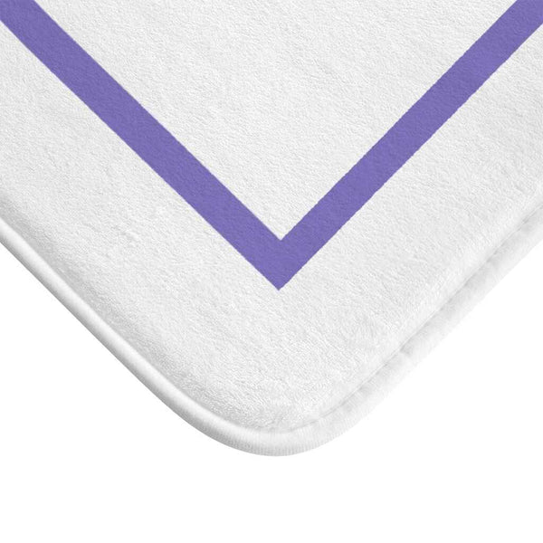 Luxurious ultrasoft white memory foam bath mat with purple rectangle