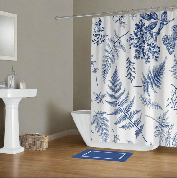 white shower curtain with cool blue design 