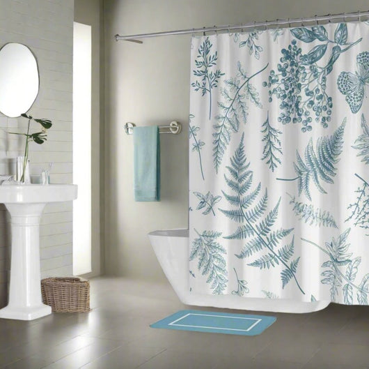 white shower curtain with teal eggshell ferns