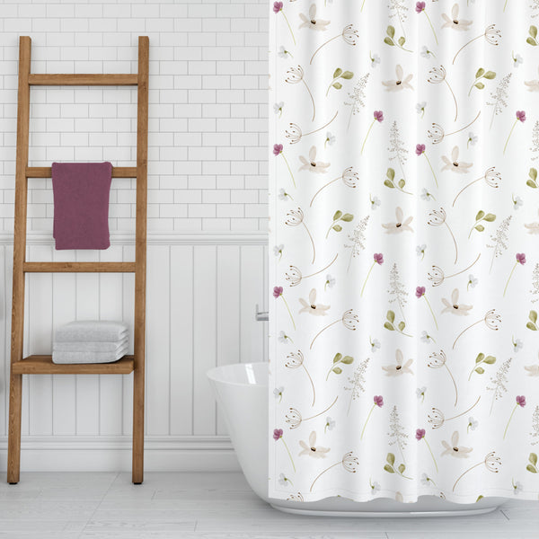 wildflowers shower curtain in bathroom next to ladder with towel