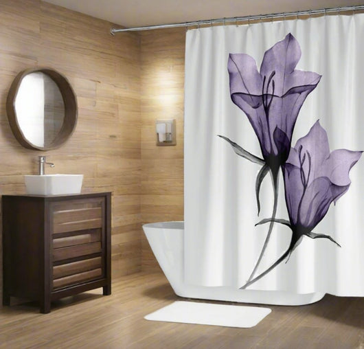 Purple and white x ray style shower curtain with hand painted design