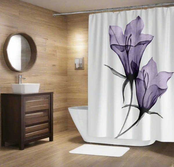 Purple and white x ray style shower curtain with hand painted design