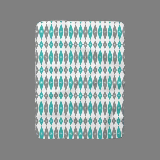 grey and turquoise abstract throw blanket full view on grey background