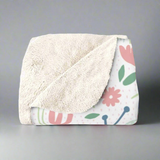 Natural Green and Pink floral Sherpa Fleece Blanket close up