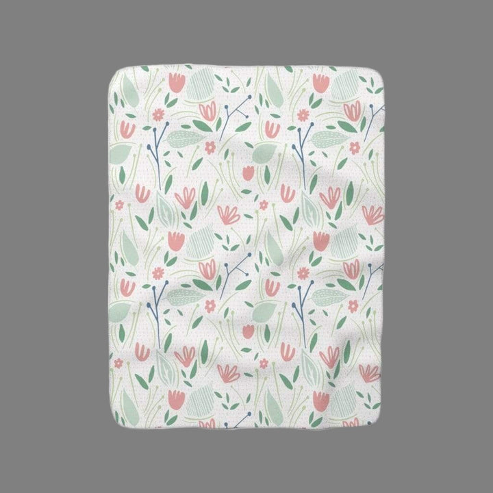 Natural Green and Pink floral Sherpa Fleece Blanket full view