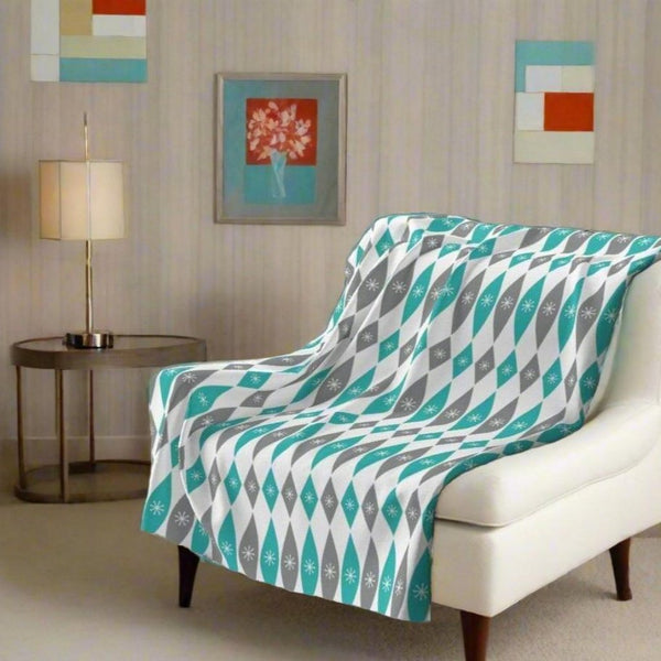 Turquoise and Grey Sherpa Fleece Blanket in mad men style room