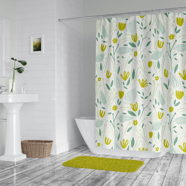 Floral Design On Washable Fabric Shower Curtain  - Water & Mold Resistant - Mustard & Green Floral